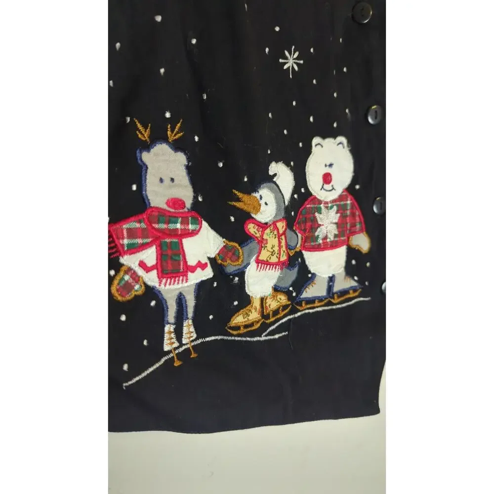 Nostalgic Vintage Winter Festival Embroidered Patchwork Holiday Vest Women's M.